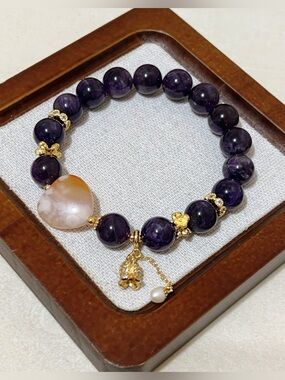 Handmade Purple Amethyst bead｜Sakura Heart charm Rose Pearl Dangle Bracelet 11mm